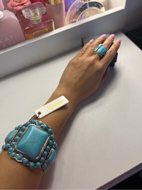 Turquoise Stone Bracelet and Ring Set - Blue Jewelry